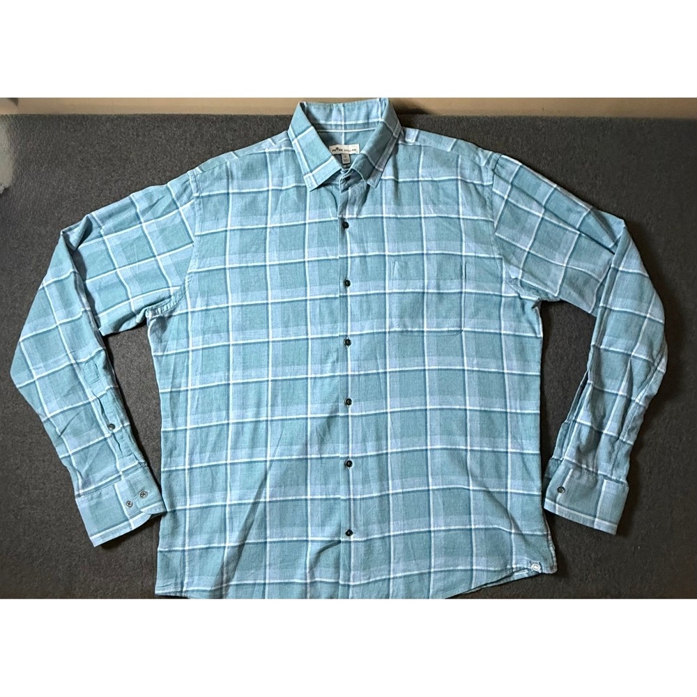 Peter Millar Mens Turquoise Plaid‎ Cotton Button Down Shirt Large